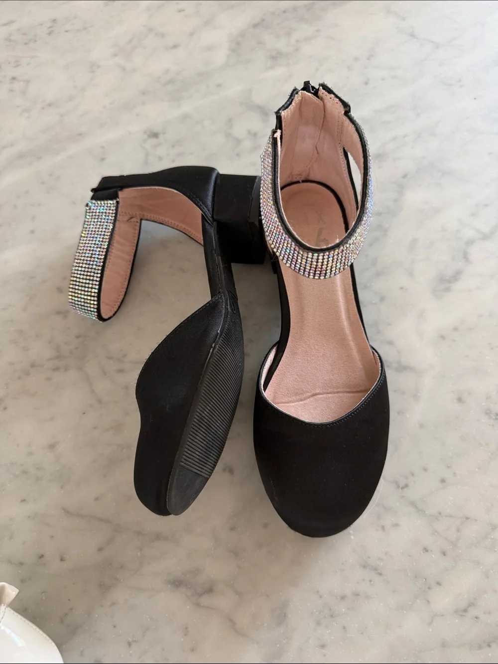 Black Ankle-Strap Flats with Rhinestone Trim